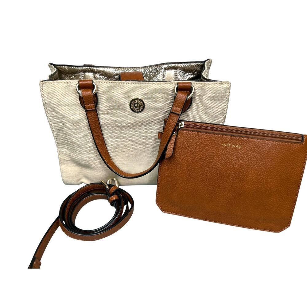 Anne Klein Natural Textured Handbag Crossbody Bag Adjustable Strap & Pouch